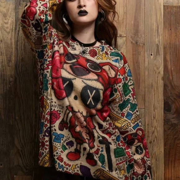 Womens Pullover Sweater Small Beige Red Stretch Crew Neck Print Bear Dolls Relax - Picture 1 of 16